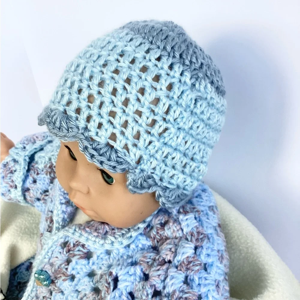 Sweater Beanie Hat Set Hand Crafted Baby Blue Tan Kimono